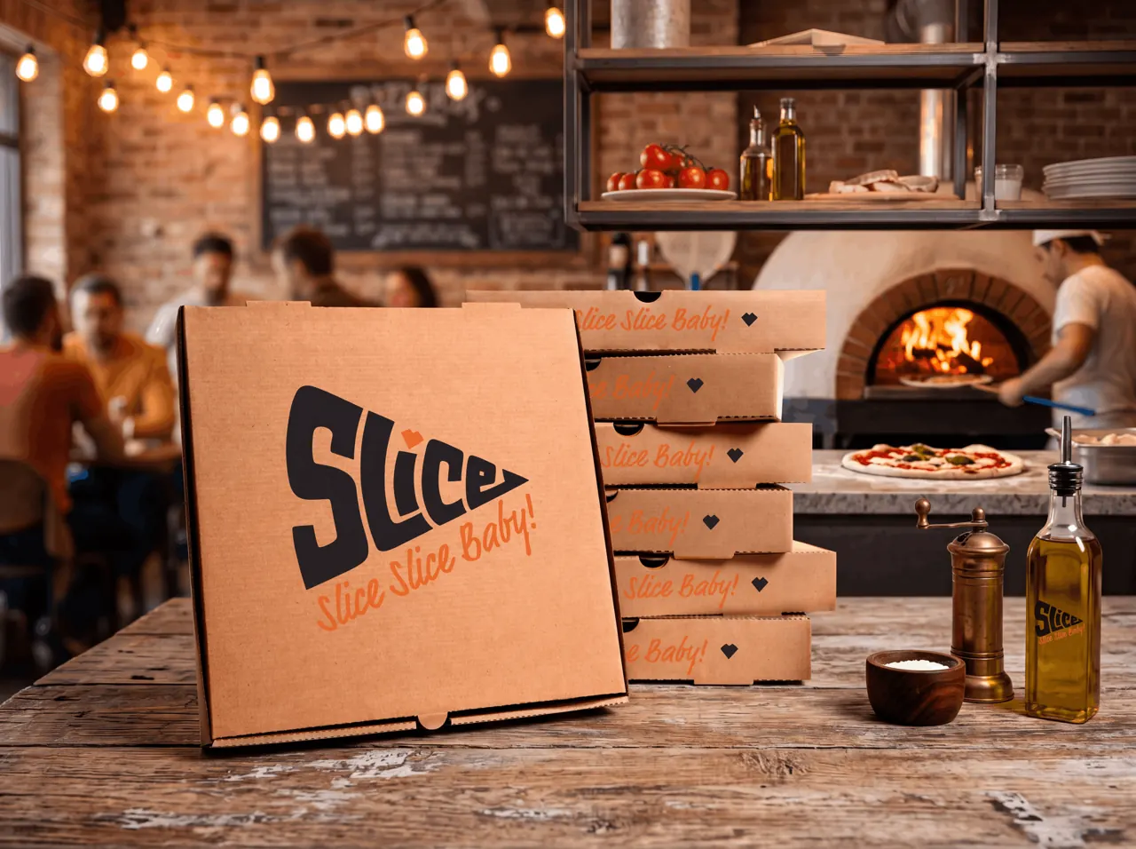 Pizzaesker med Slice-logo i en restaurant